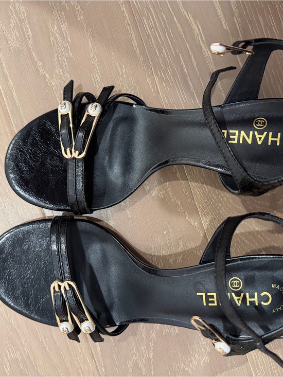 CHANEL Shoes - CHANEL Black Leather Open-Toe Heels with Gold-Tone Hardware